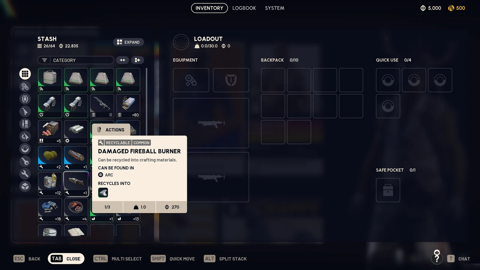 Inventory screen with stash grid and a cream tooltip for Damaged Fireball Burner, beside empty loadout, backpack and quick use slots.