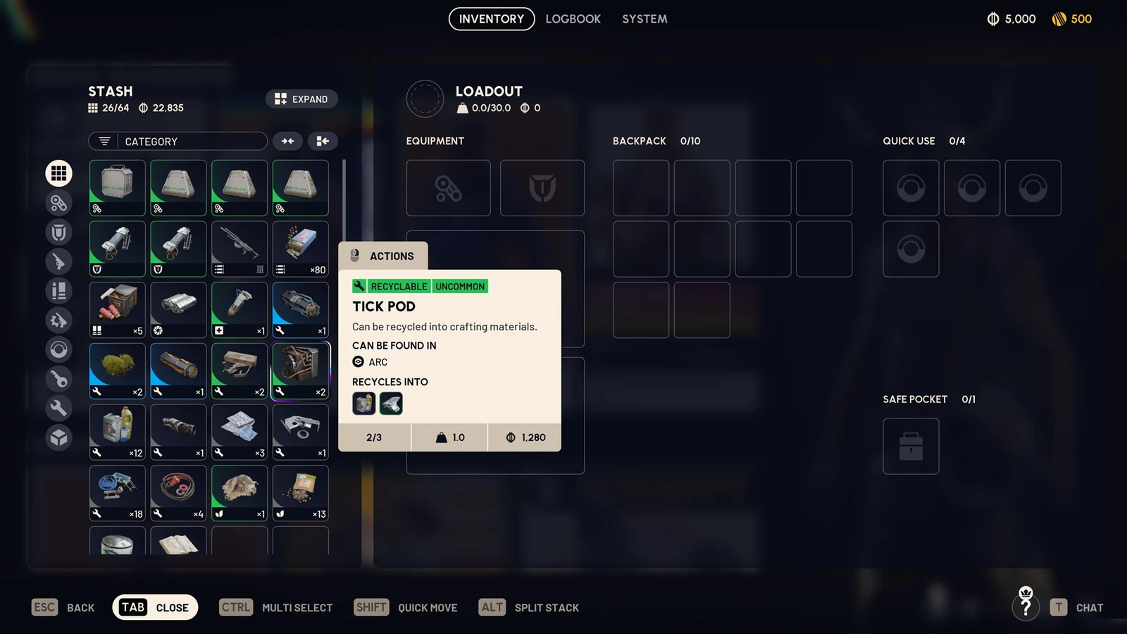 ARC Raiders inventory screen with stash grid and a tooltip for Tick Pod, an uncommon recyclable item.