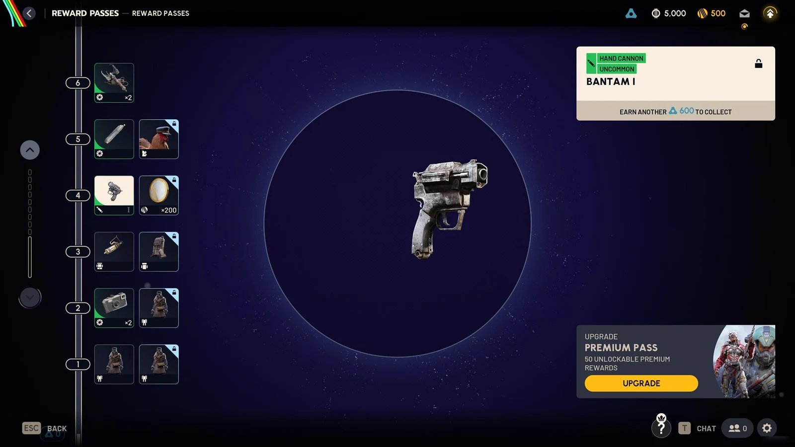 Reward Passes menu showing Bantam I, an uncommon hand cannon, selected at level 4 with a premium pass upgrade offer.