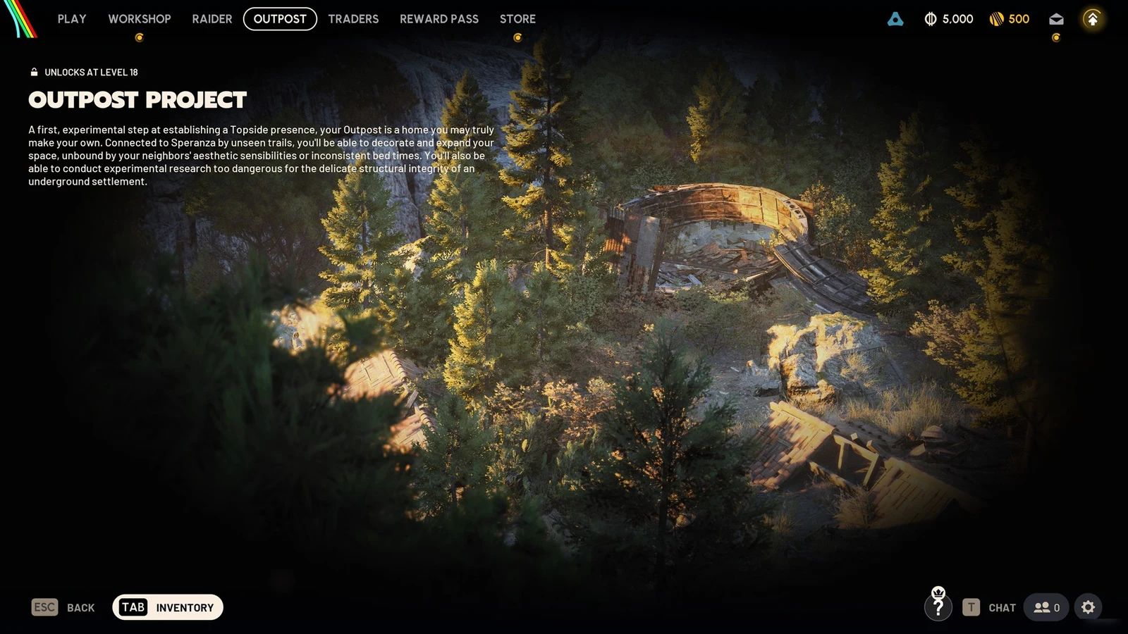 Game menu with Outpost Project description over a forested cliff scene with a wrecked wooden structure.