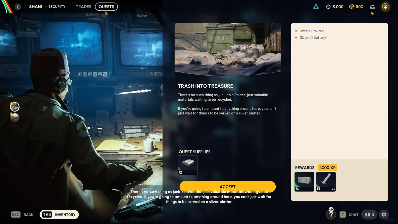 Quest log screen for Trash Into Treasure with objectives, quest supplies, 1,000 XP rewards and a yellow Accept button beside a headset-wearing trader.