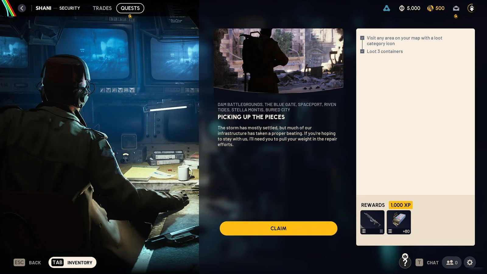 Quest screen for Picking Up the Pieces with completed objectives, reward items and a yellow Claim button.