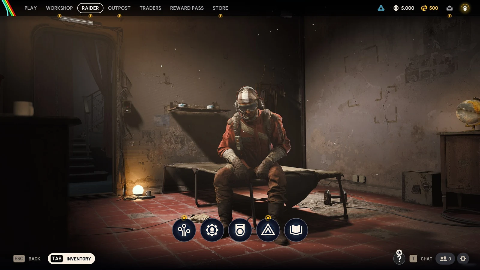 A raider in a red jumpsuit and goggles sits on a cot in a dim, worn room with menu tabs above and icons below.