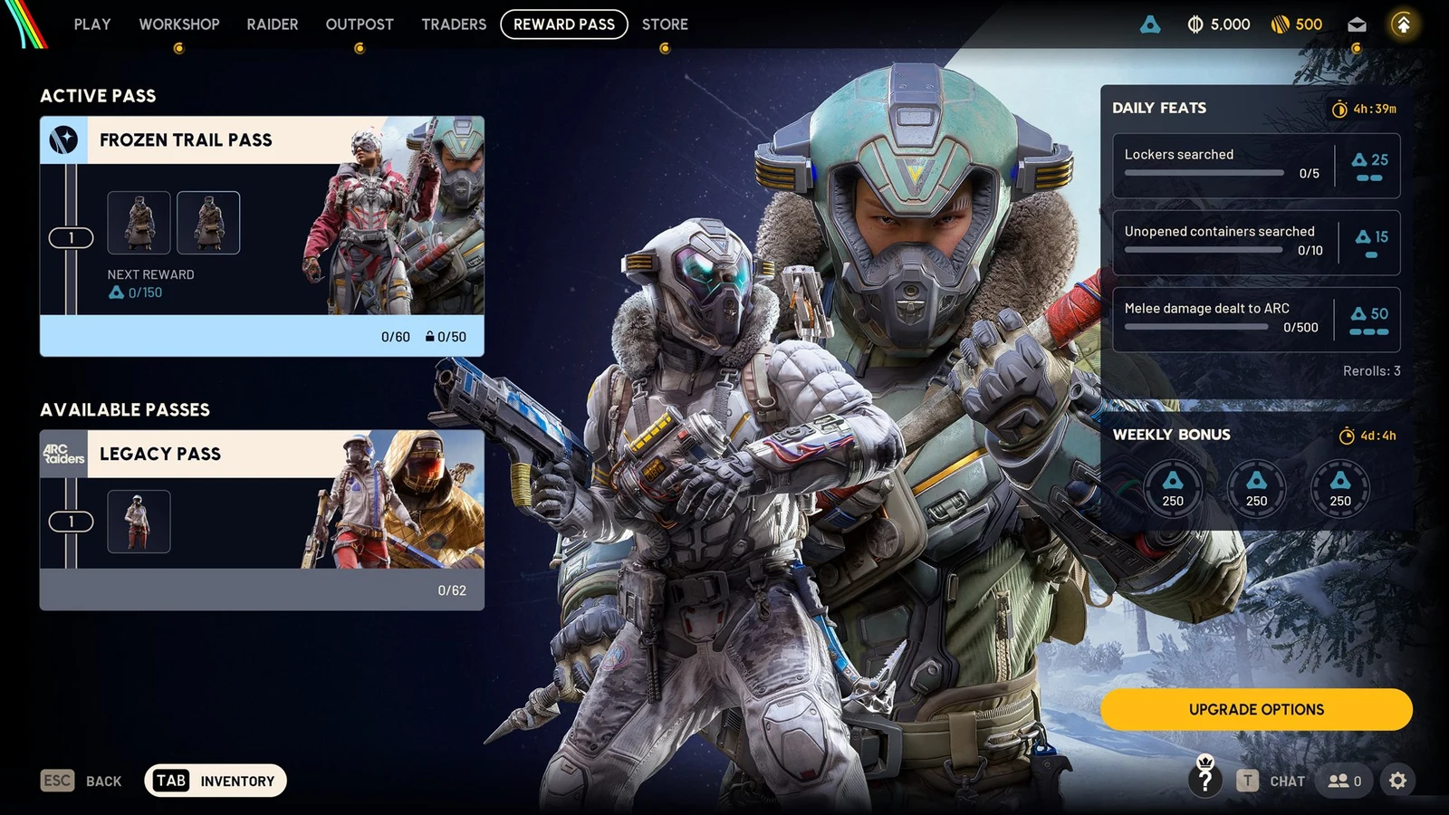 Reward Pass menu with Frozen Trail Pass and Legacy Pass cards, Daily Feats list, Weekly Bonus rewards and raiders in snow gear.
