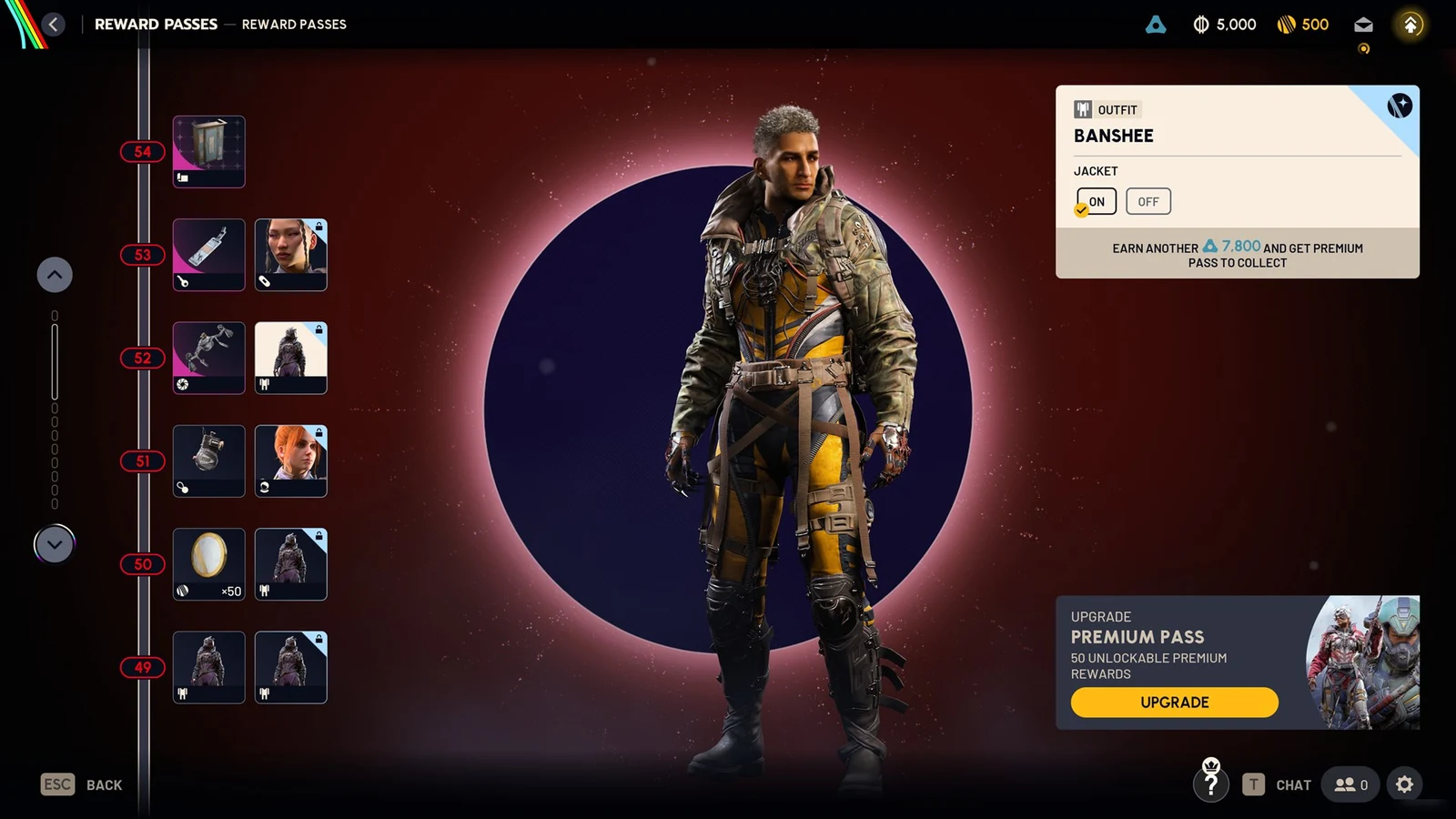 Reward Passes menu showing a male character in a yellow and black outfit with olive jacket, with Banshee outfit details at top right.