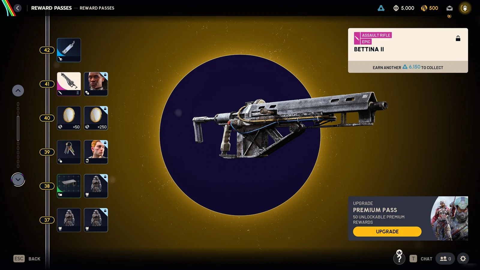 Reward Passes screen showing a large weathered assault rifle over a dark circle with a golden glow, level track on the left.
