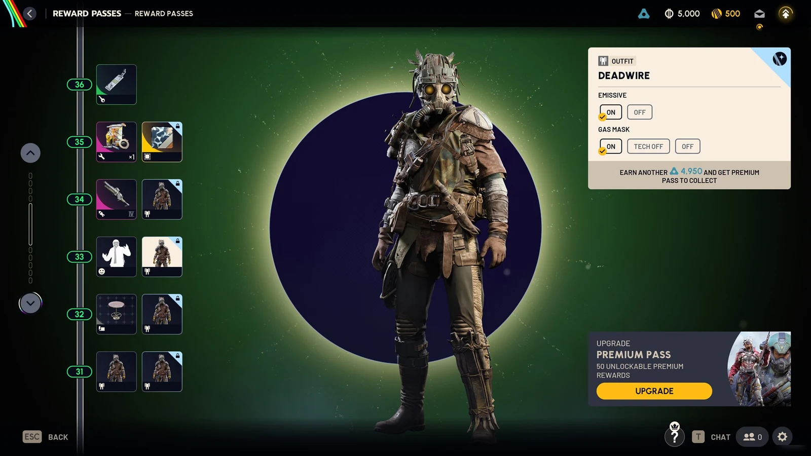 Reward passes menu showing a raider in a gas mask and scavenged outfit named Deadwire with customization toggles.