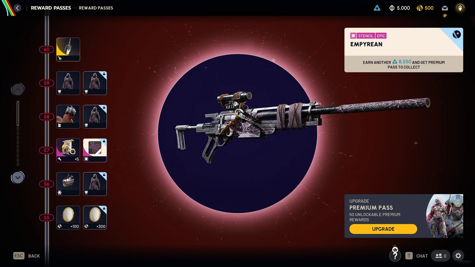 Reward Passes menu showing a rifle with a purple web-pattern stencil called Empyrean, beside a column of level rewards 55 to 60.