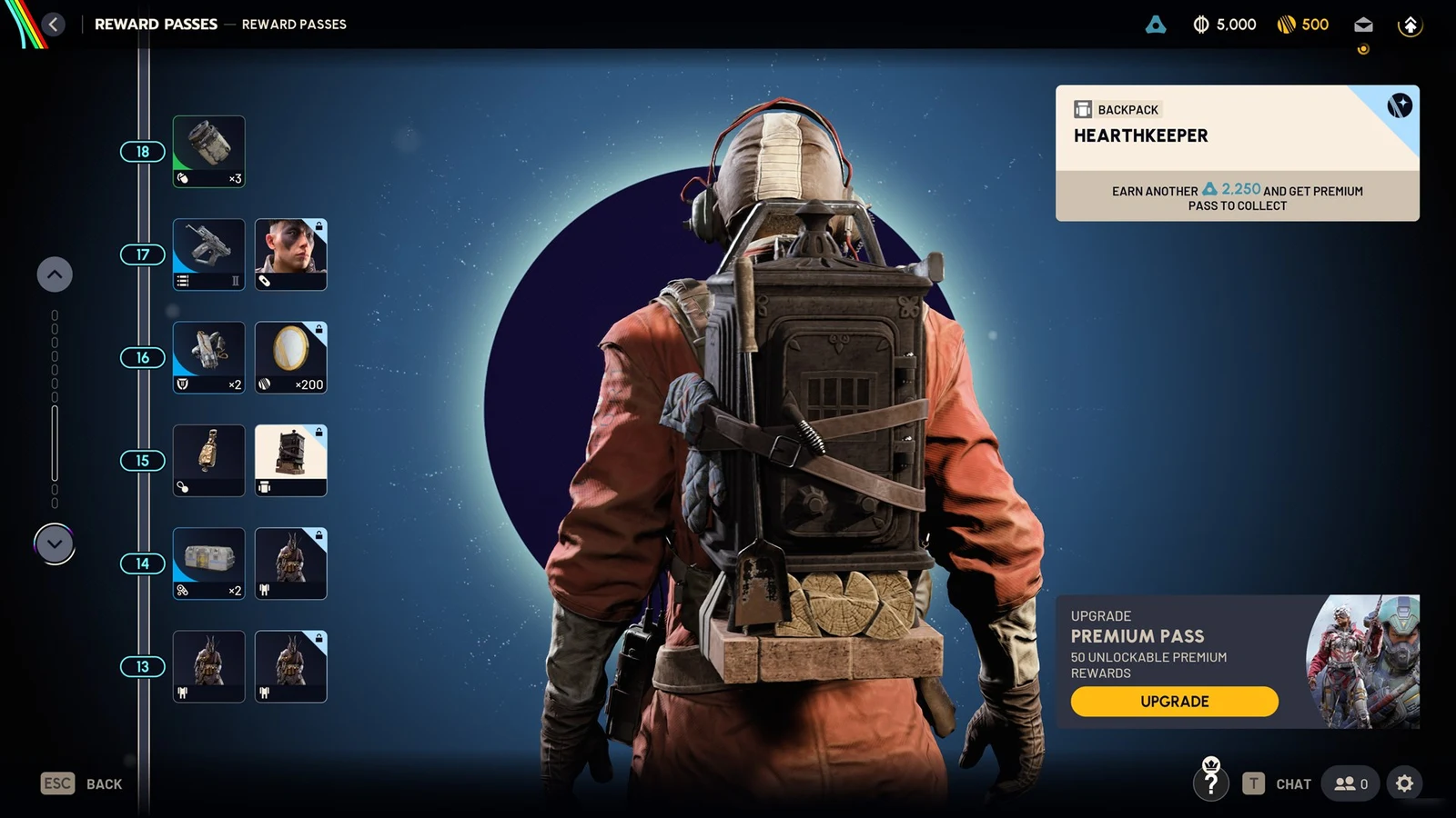 Reward Passes menu showing a raider from behind carrying a stove-shaped Hearthkeeper backpack with logs, beside a reward track.