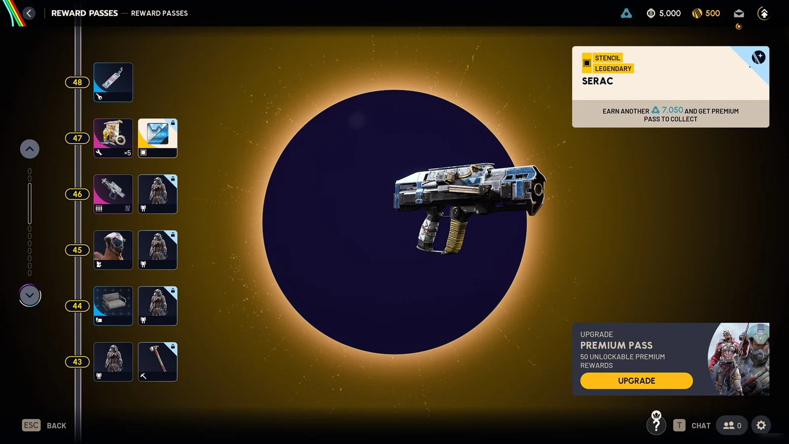 Reward Passes menu with a stencil-painted Serac weapon previewed on a dark circle, reward track levels 43 to 48 at left.