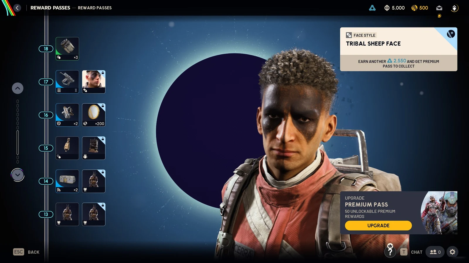 Reward Passes menu with a reward track on the left and a raider with a painted face previewed on the right.