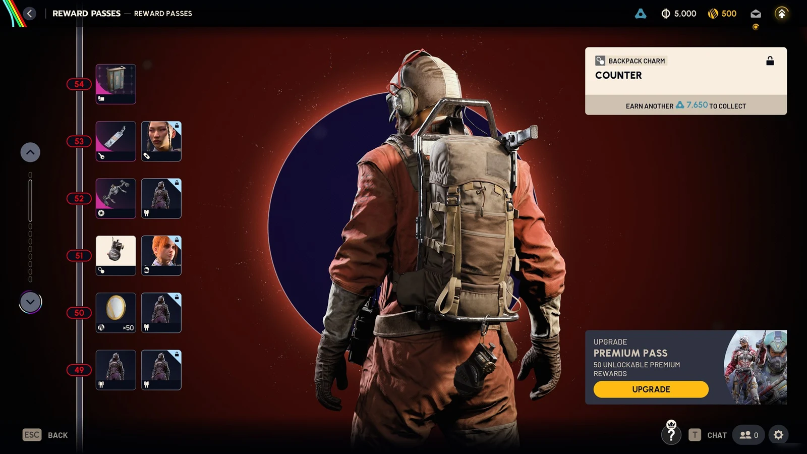 Reward Passes menu showing a character from behind in a red flight suit with a backpack and a charm, beside a tier list.