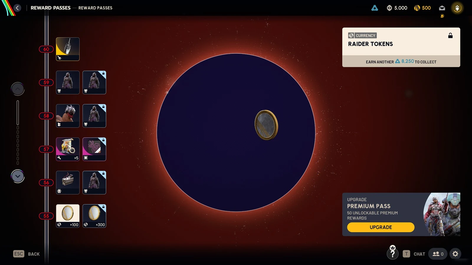 Reward Passes menu with a large gold Raider Tokens coin on a dark circle and a list of level 55 to 60 rewards.