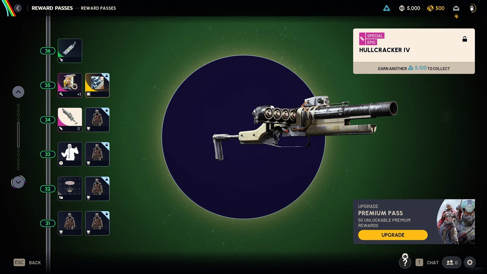 Reward passes menu displaying a large heavy launcher-style weapon named Hullcracker IV in a dark circle.