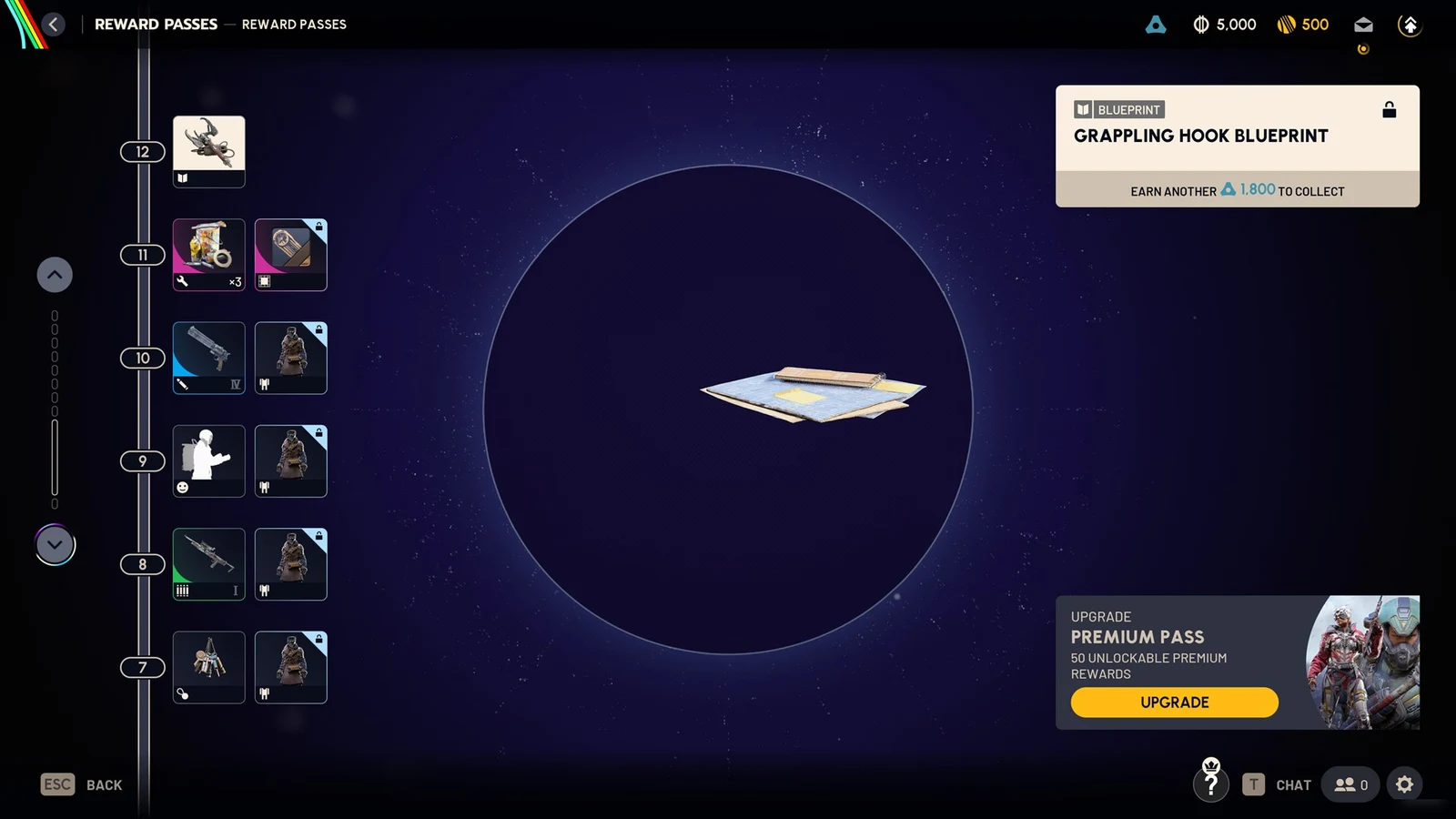 Reward passes track with a Grappling Hook Blueprint, a folded sheet of blue plans, shown in the center preview.