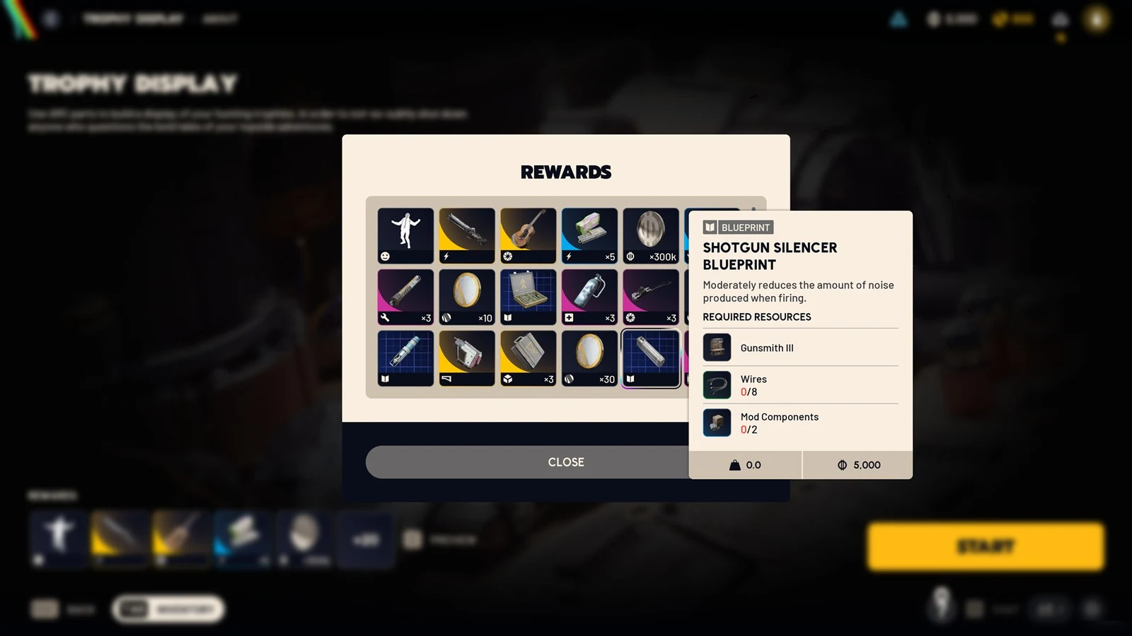Rewards popup on the Trophy Display screen with a tooltip for the Shotgun Silencer Blueprint and its required resources.