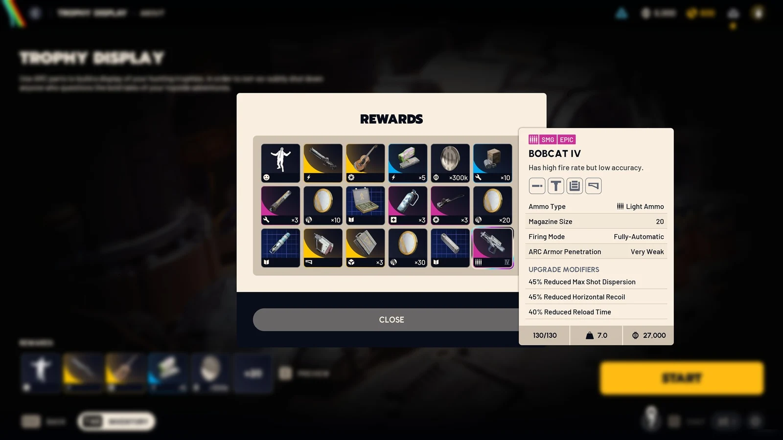 Rewards popup on the Trophy Display screen with a tooltip showing stats for the Epic SMG Bobcat IV.