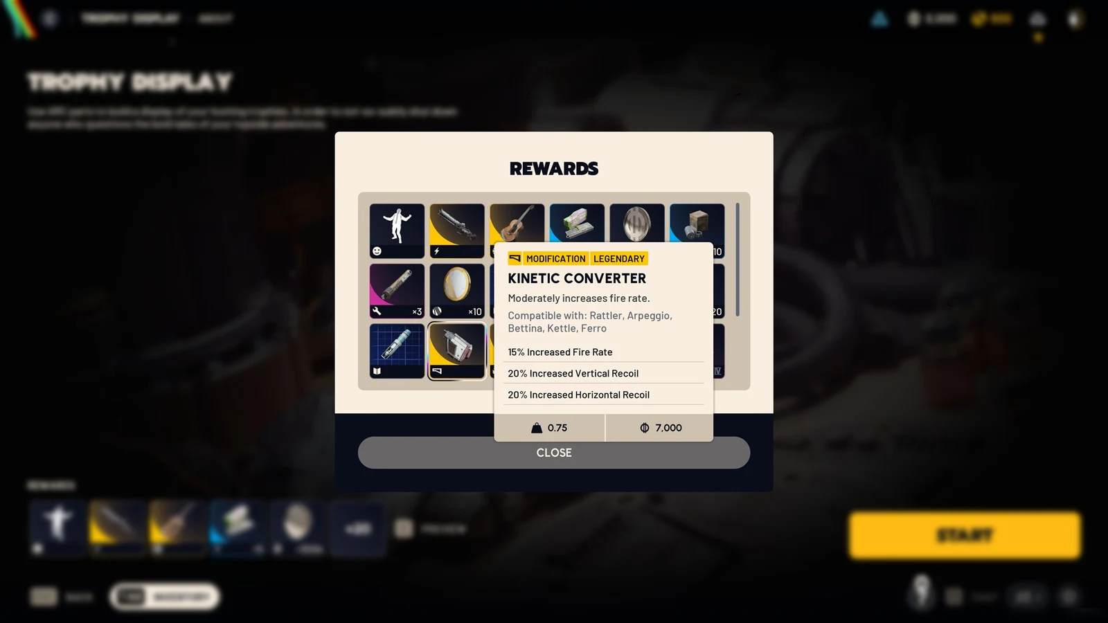 Rewards popup over the Trophy Display screen with a tooltip for the Legendary Kinetic Converter weapon modification.