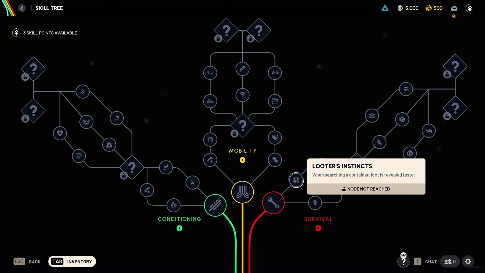 Dark skill tree screen with a tooltip for Looter's Instincts on a Survival node, marked as not reached.