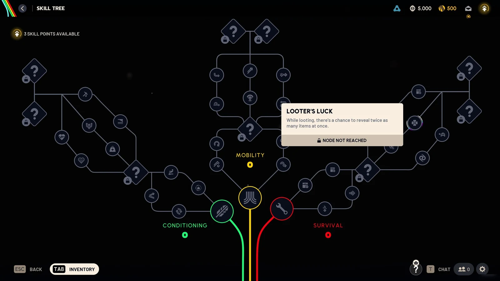 ARC Raiders Skill Tree with a Looter's Luck tooltip marked node not reached, among Conditioning, Mobility and Survival branches.