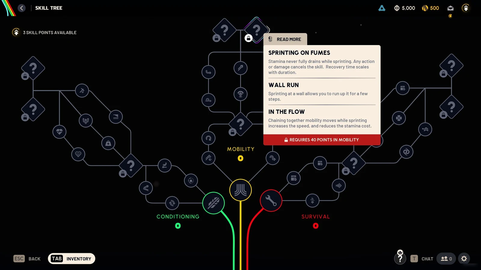 Dark skill tree screen with three colored branches and a tooltip listing Sprinting on Fumes, Wall Run and In the Flow, locked behind Mobility points.