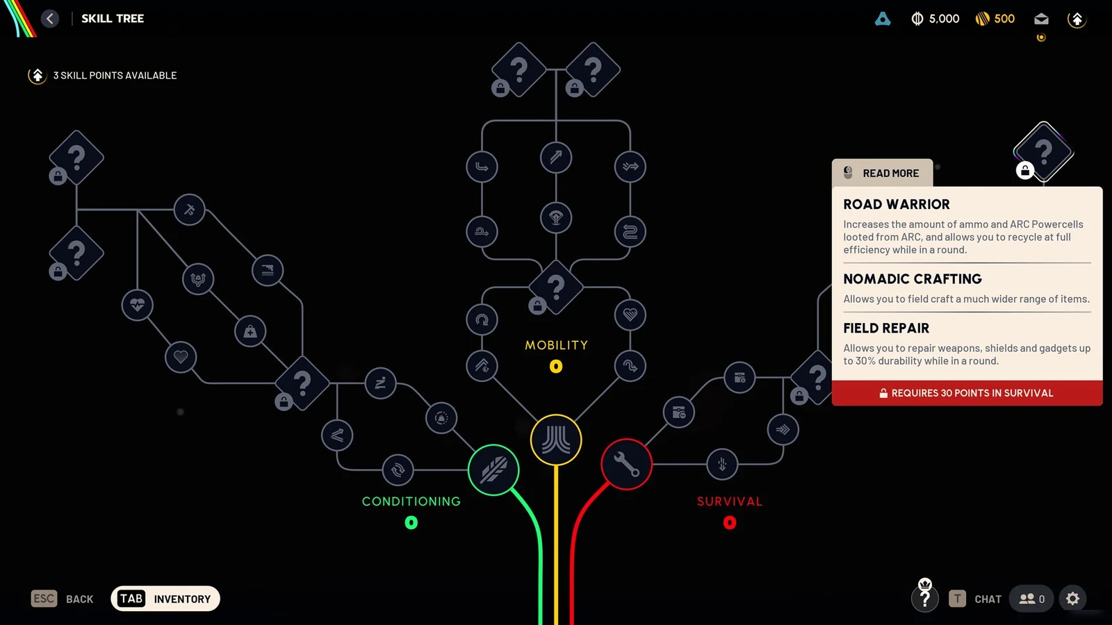 Dark skill tree menu with three branches and locked nodes; a tooltip lists Road Warrior, Nomadic Crafting and Field Repair skills.