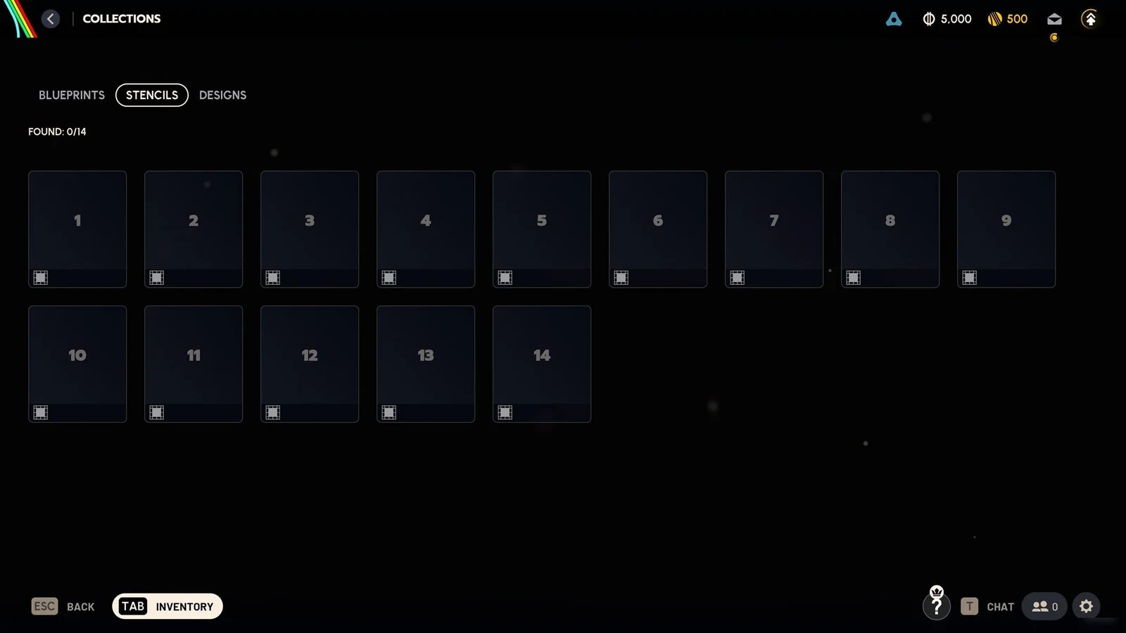 Collections menu on the Stencils tab with fourteen empty numbered stencil slots and a found counter of 0/14.