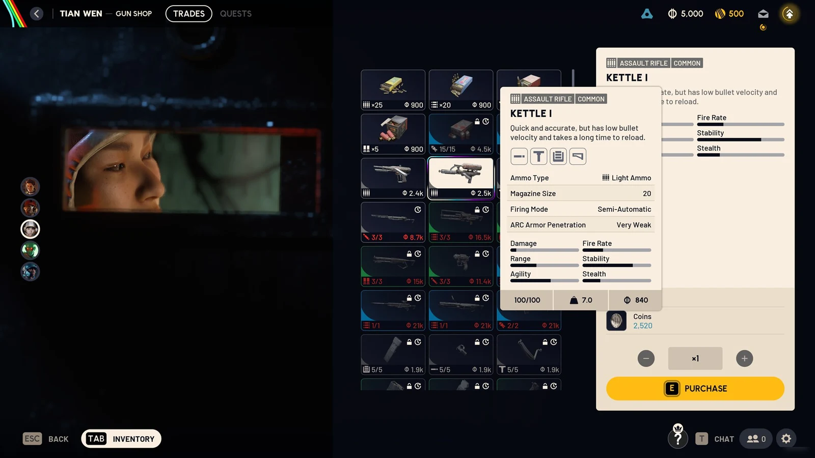 Gun shop trade menu with a Kettle I assault rifle tooltip listing ammo type, magazine size, firing mode and stats.