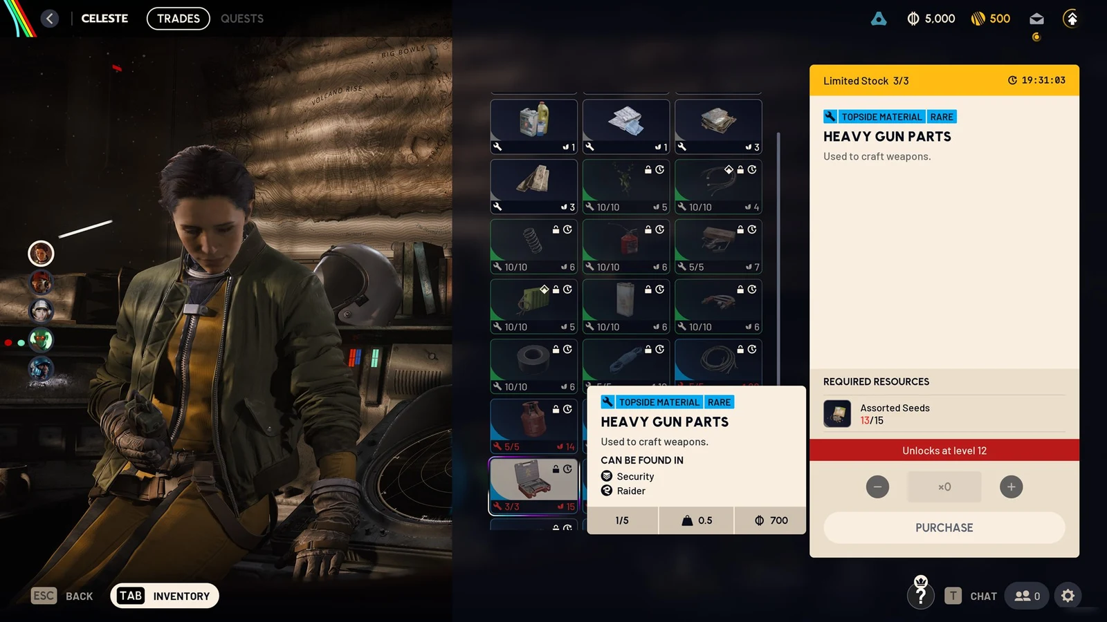 Celeste trader screen with Heavy Gun Parts tooltip and a panel showing required Assorted Seeds and a level 12 unlock requirement.