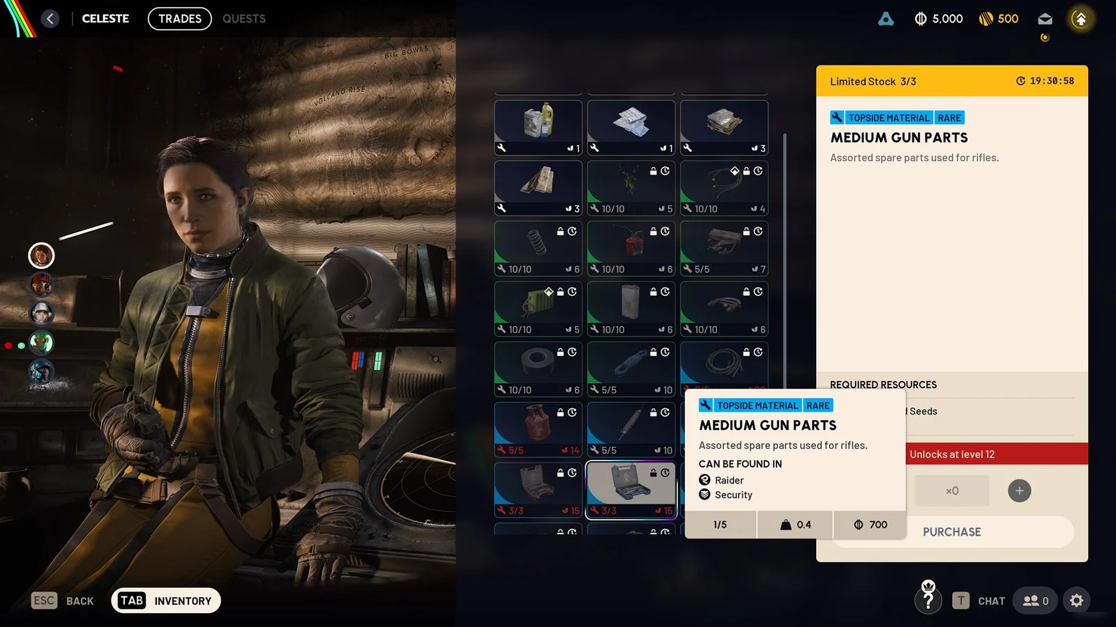 Celeste's trader menu with a grid of materials and a Medium Gun Parts tooltip over a locked purchase panel.
