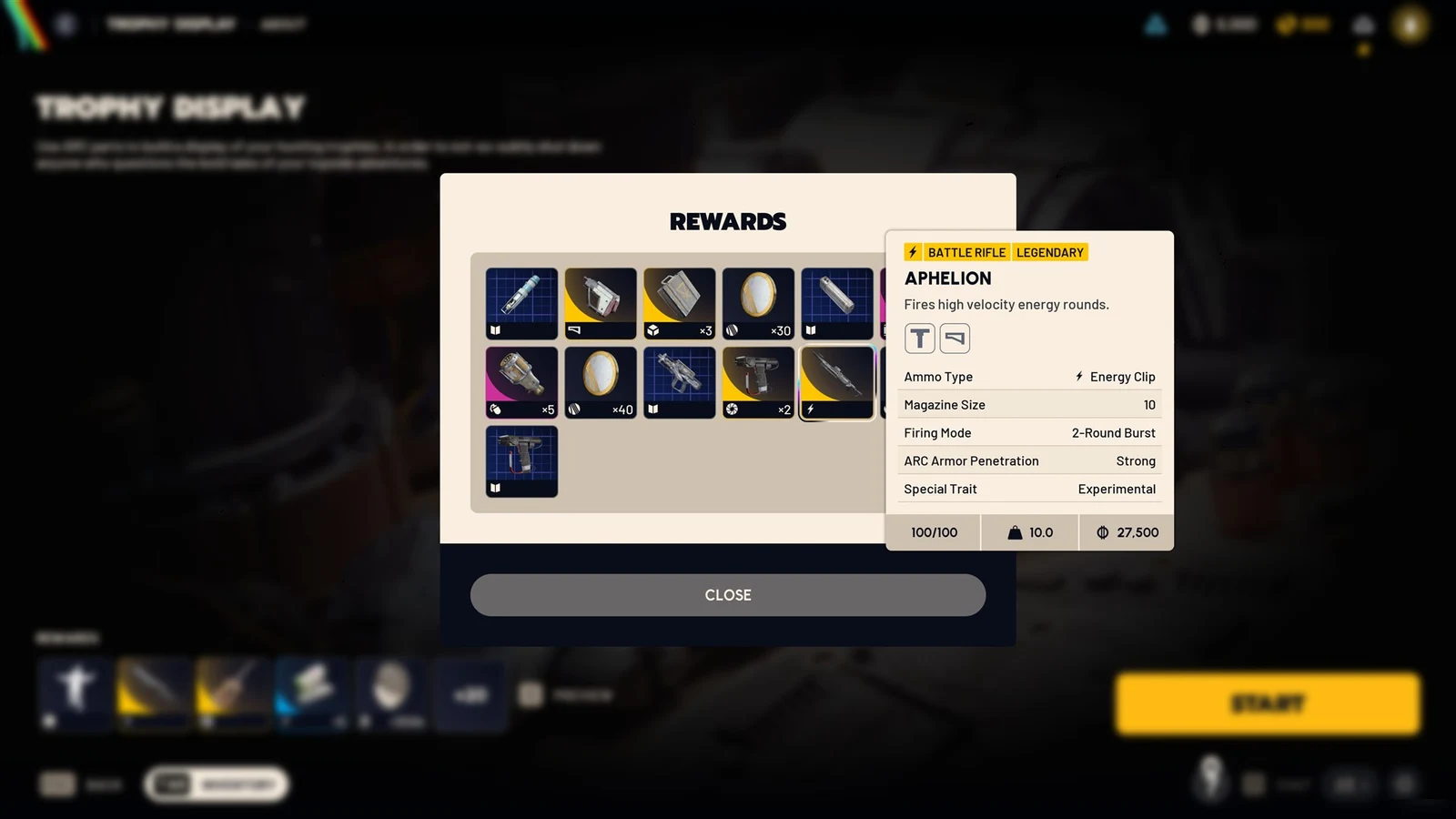 Rewards popup with grid of items and a tooltip for the legendary Aphelion battle rifle listing its stats.