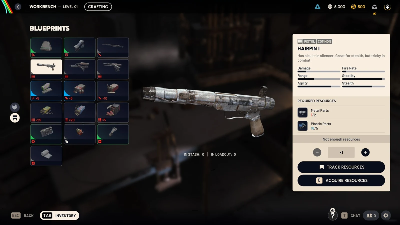 Workbench blueprints menu with the Hairpin I pistol model displayed beside its stats and required resources.
