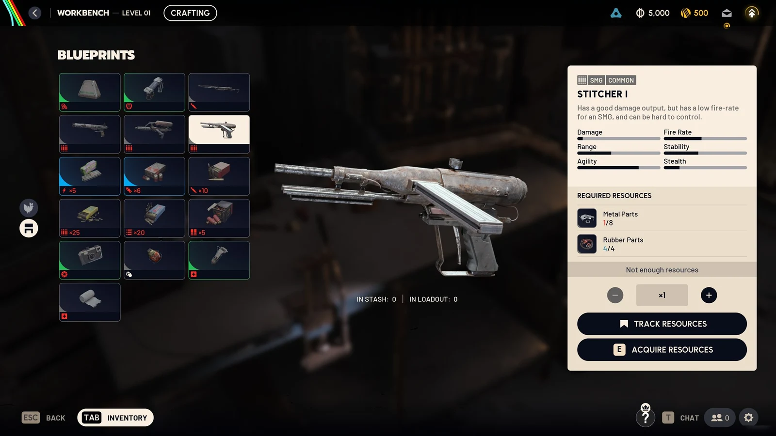 Workbench crafting menu with a Stitcher I SMG selected, showing its stats, required resources and crafting buttons.
