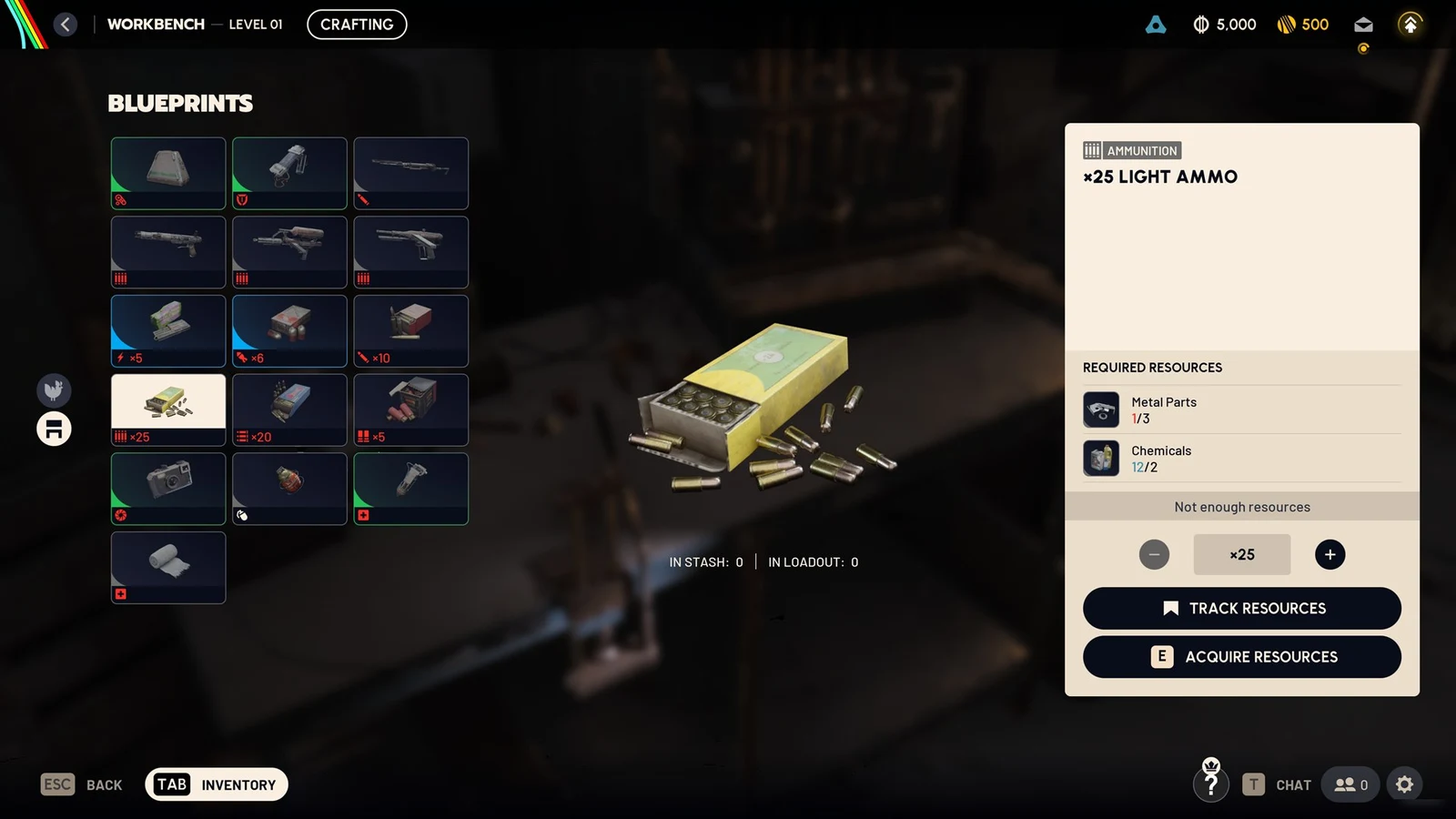 Workbench crafting menu with blueprint grid and a ×25 Light Ammo recipe selected, listing required Metal Parts and Chemicals.