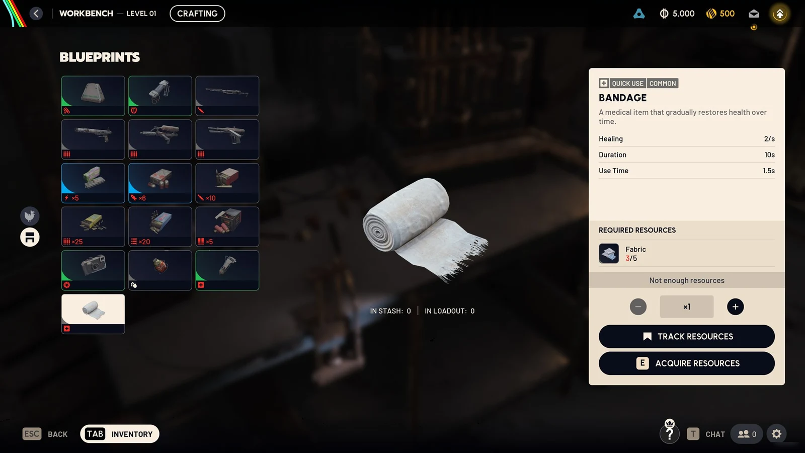 Workbench crafting menu with the Bandage blueprint selected and a side panel showing healing stats and the Fabric requirement.