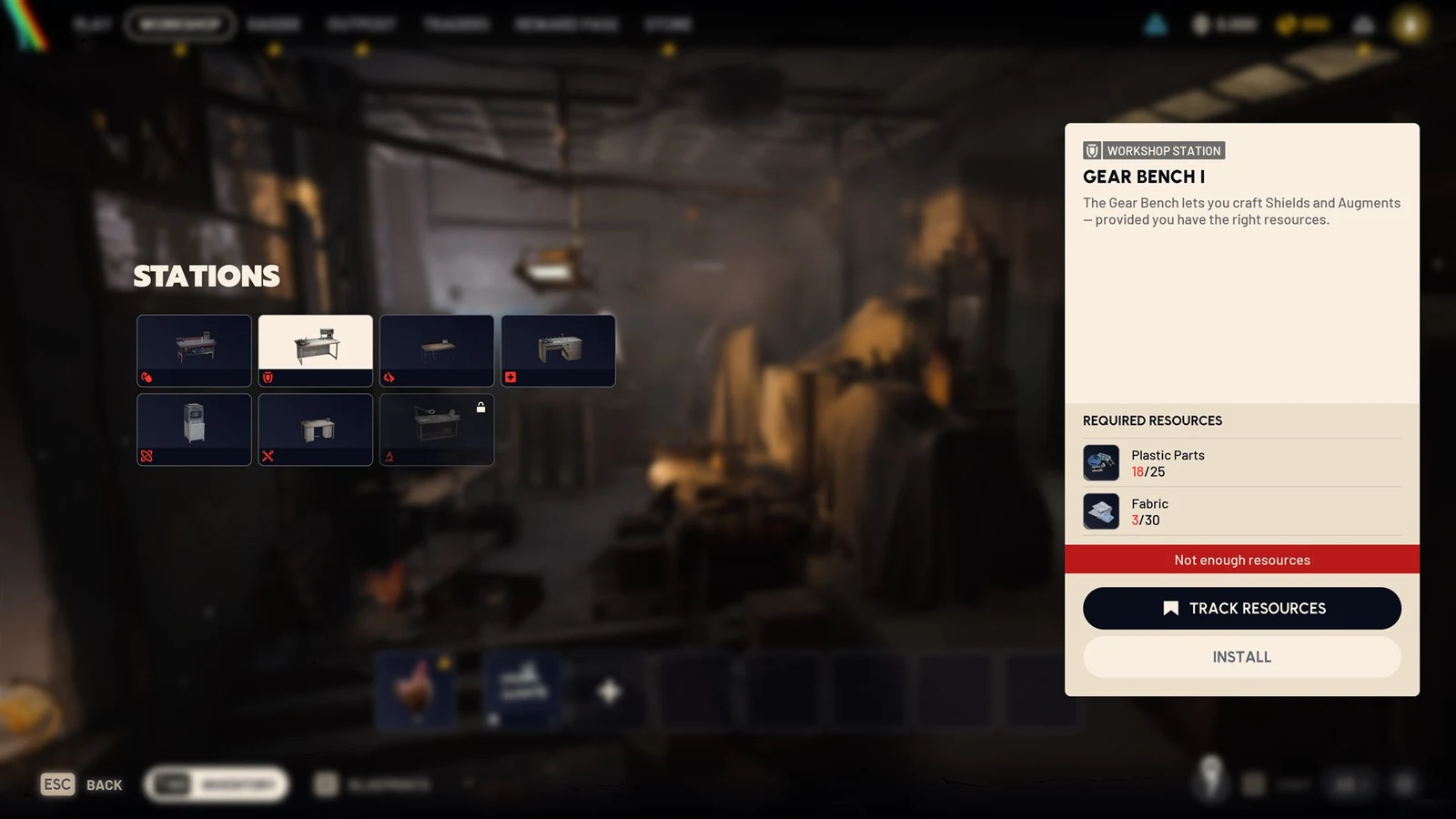 Workshop Stations menu with Gear Bench I selected, showing insufficient Plastic Parts and Fabric and a disabled Install button.