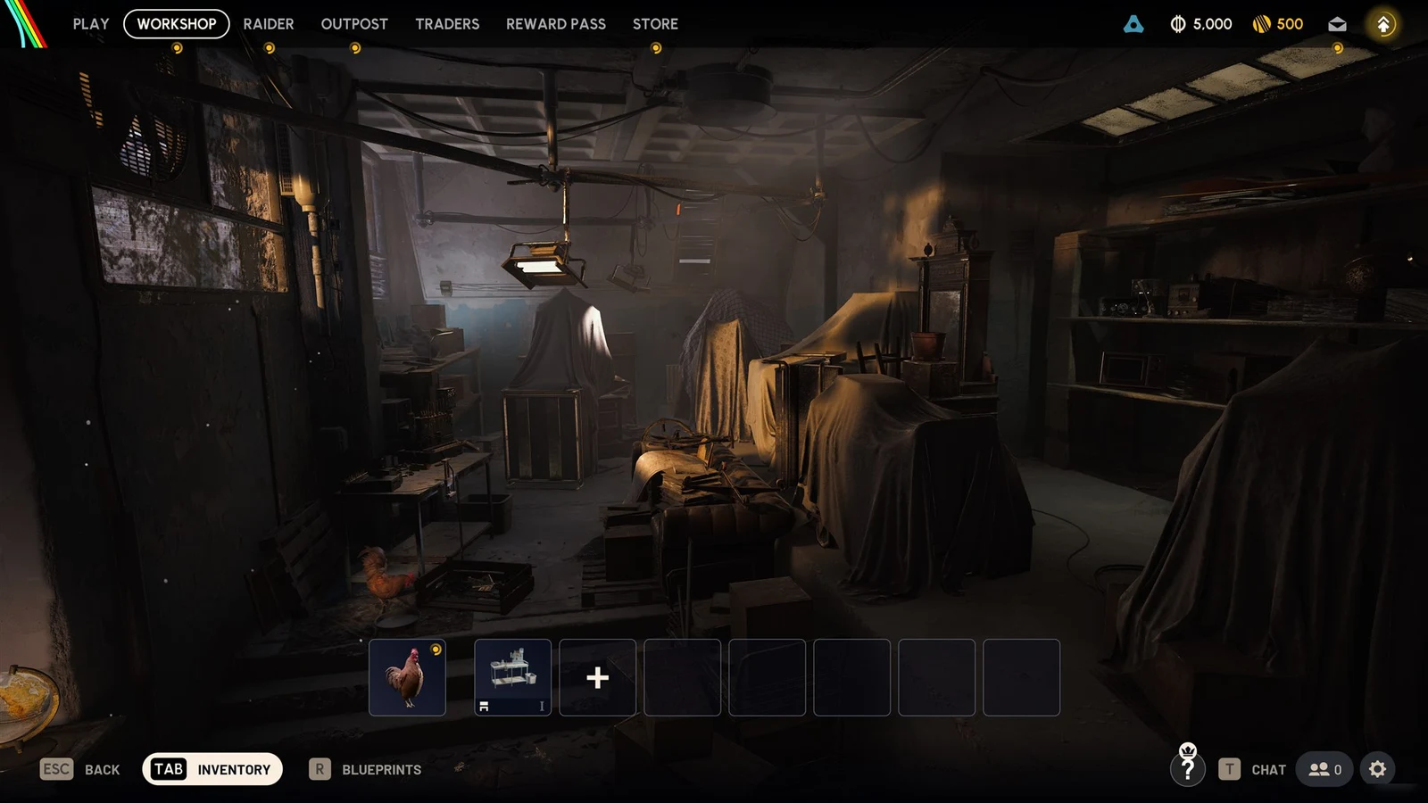 Dim workshop room with sheet-covered furniture, a chicken on the floor and a row of empty bench slots at the bottom.