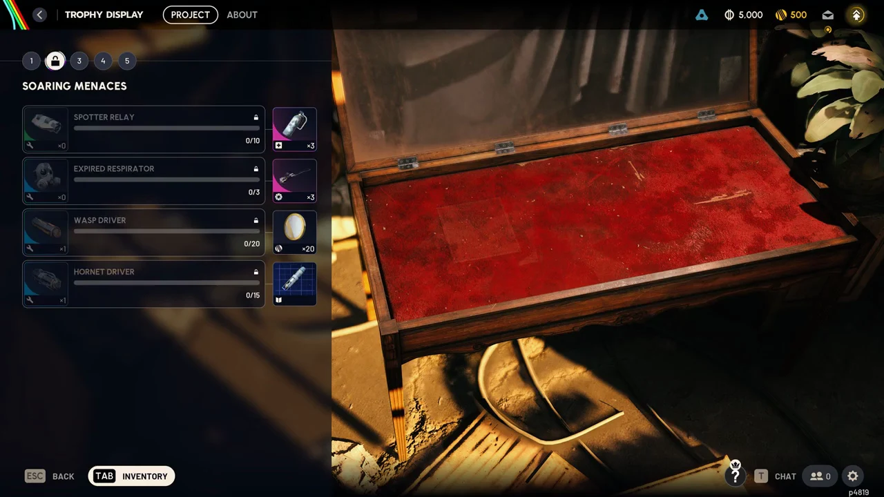 Soaring Menaces project tab showing required components and current inventory counts