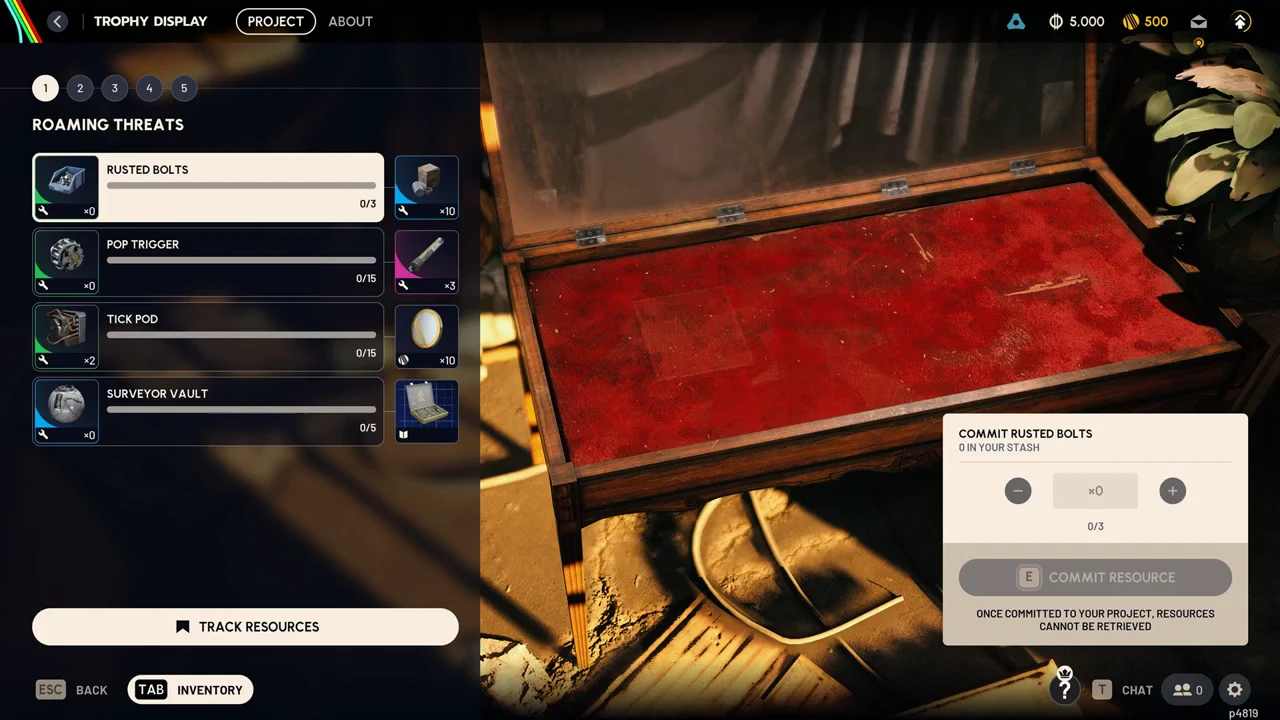 Roaming Threats screen with Rusted Bolts selected in the Commit panel and quantity set to zero