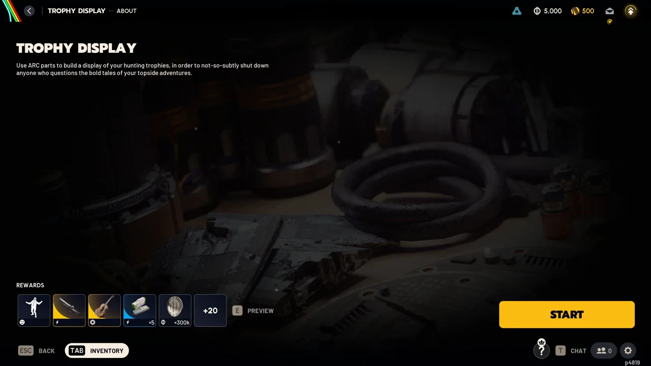 Trophy Display screen with the yellow Start button ready and rewards listed below