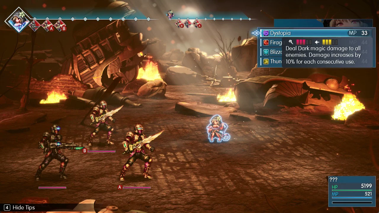 Battle magic menu with Dystopia highlighted at 33 MP, describing Dark damage to all enemies