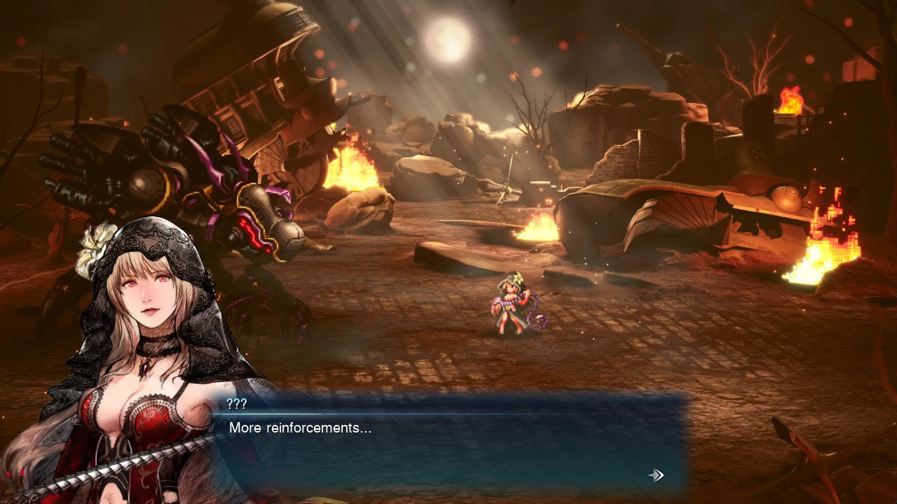 Dialogue box on the ruined battlefield where the speaker named ??? says More reinforcements...