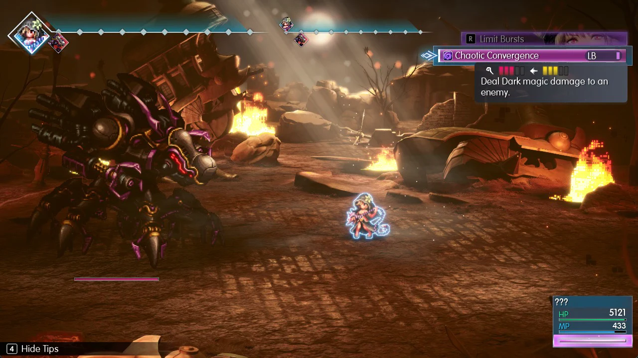 Limit Bursts menu with Chaotic Convergence selected against the mechanical prologue boss