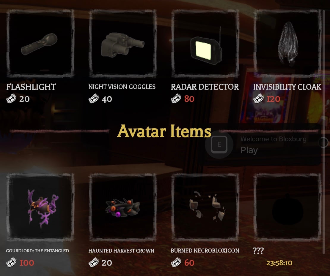 The Hollow tools and avatar cosmetics Ticket price grid The Hollow avatar item grid showing event tools and cosmetics with different Ticket prices