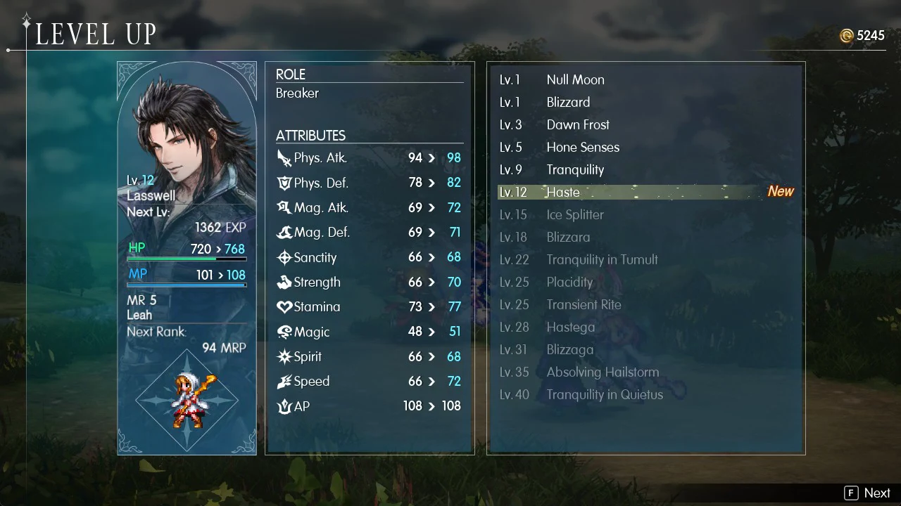 Lasswell reaching level 12 on the Level Up screen, with Haste highlighted beside his updated attributes