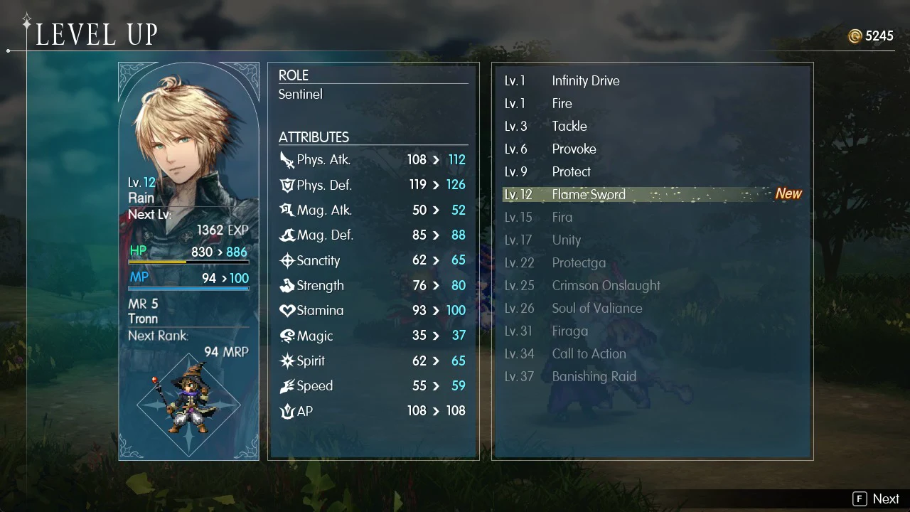 Rain's Level Up screen with a newly unlocked skill highlighted next to his stat increases