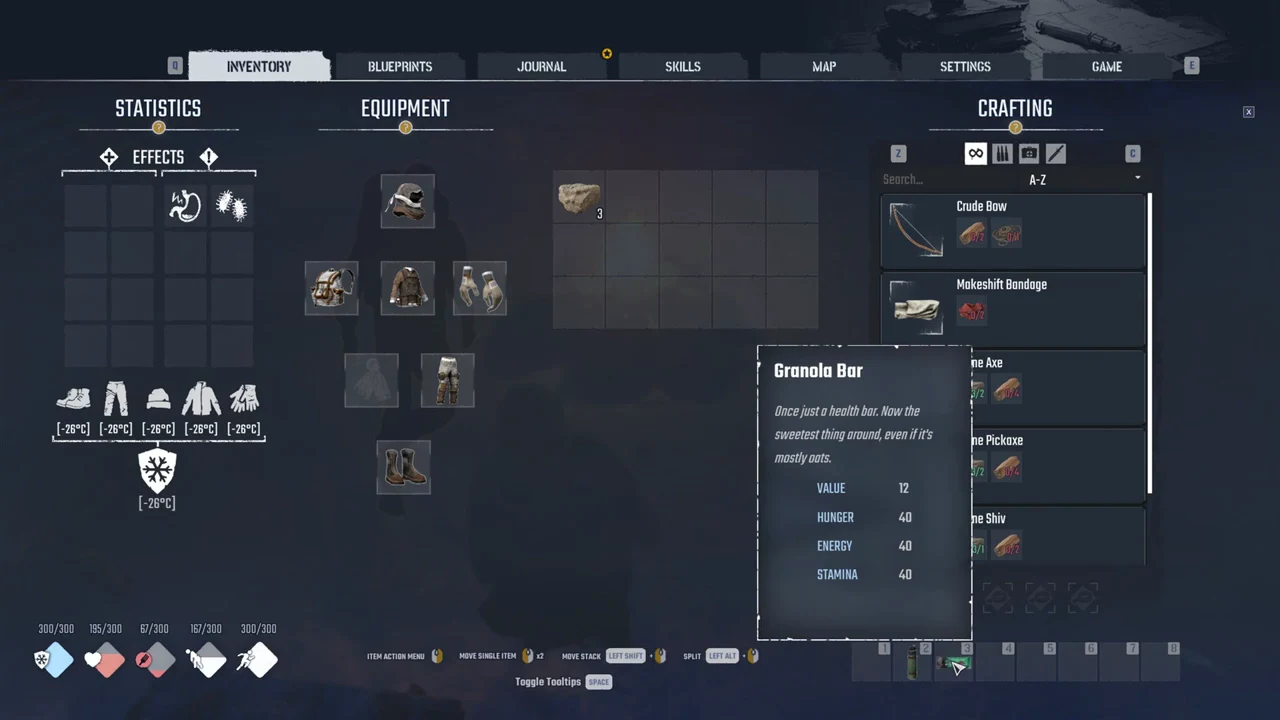 Inventory tooltip for the Granola Bar showing its hunger, energy and stamina values.