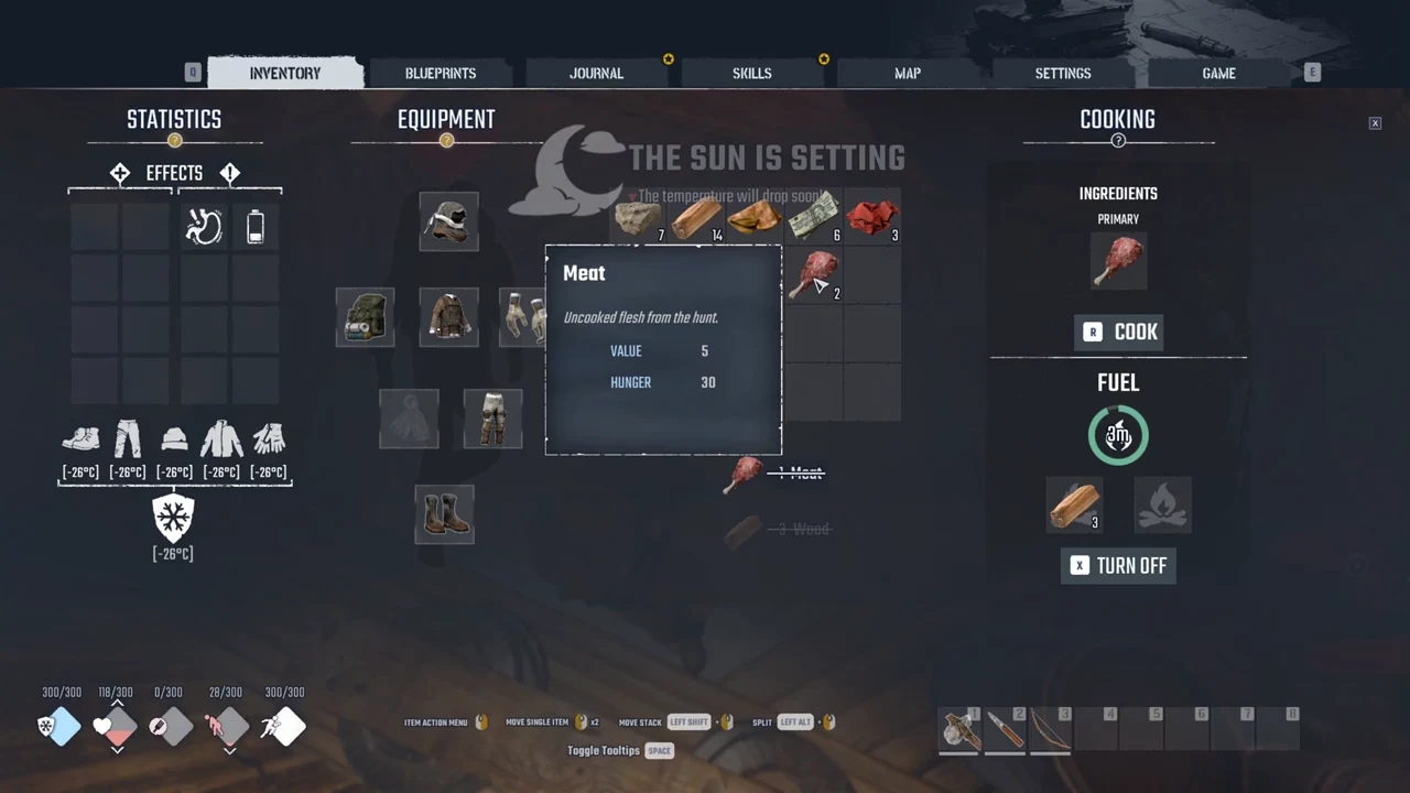 Cooking panel with raw Meat set in the primary slot, the fire lit and the Cook option ready.