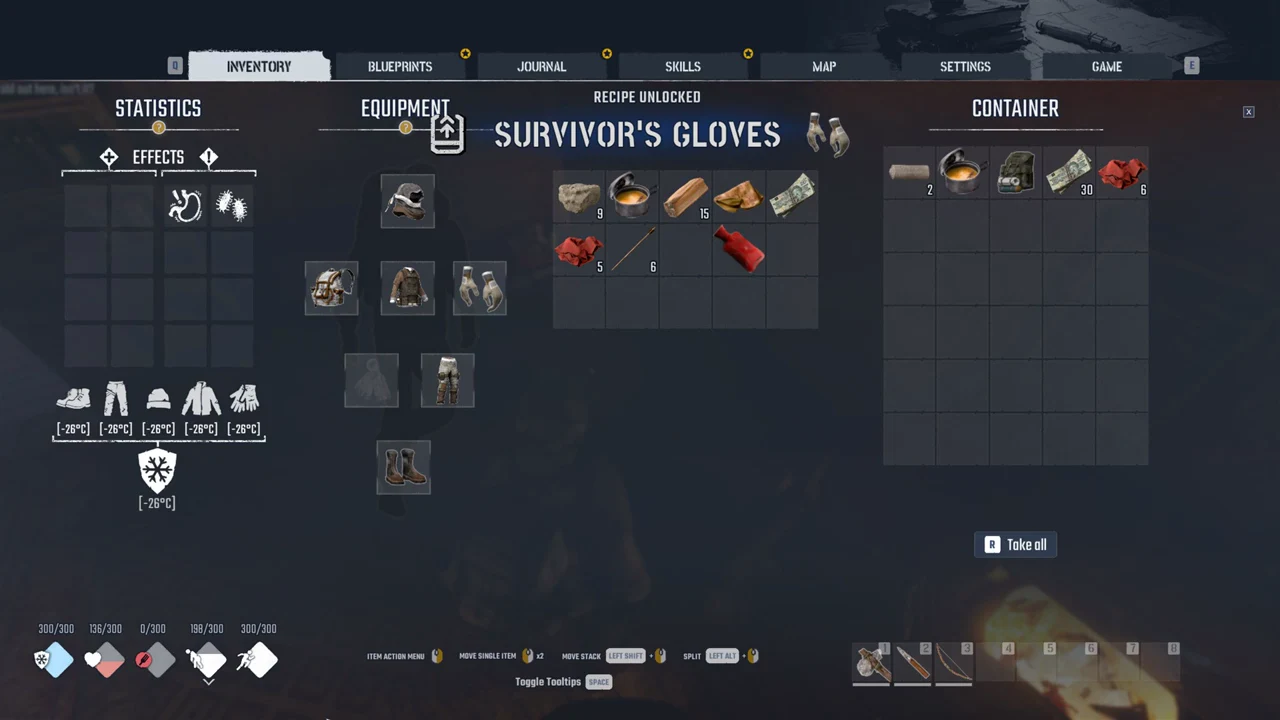 An open loot container panel on the inventory screen with the Take all button available.