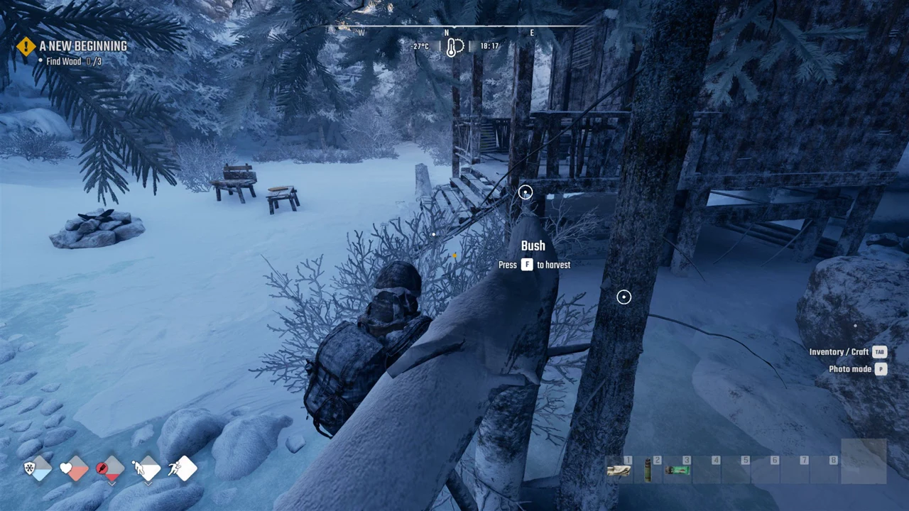 A bush in the snow with the Press F to harvest prompt while the A New Beginning quest tracks Find Wood.